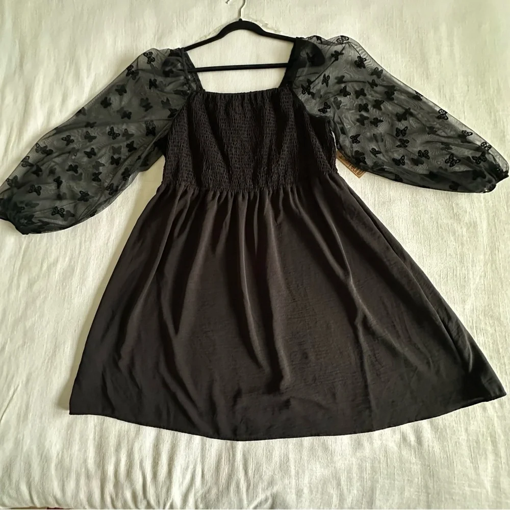 Witchy Black Smocked Butterfly Dress Womens 3X Mesh Whimsigoth Dark Fairy NWT - Picture 4 of 15